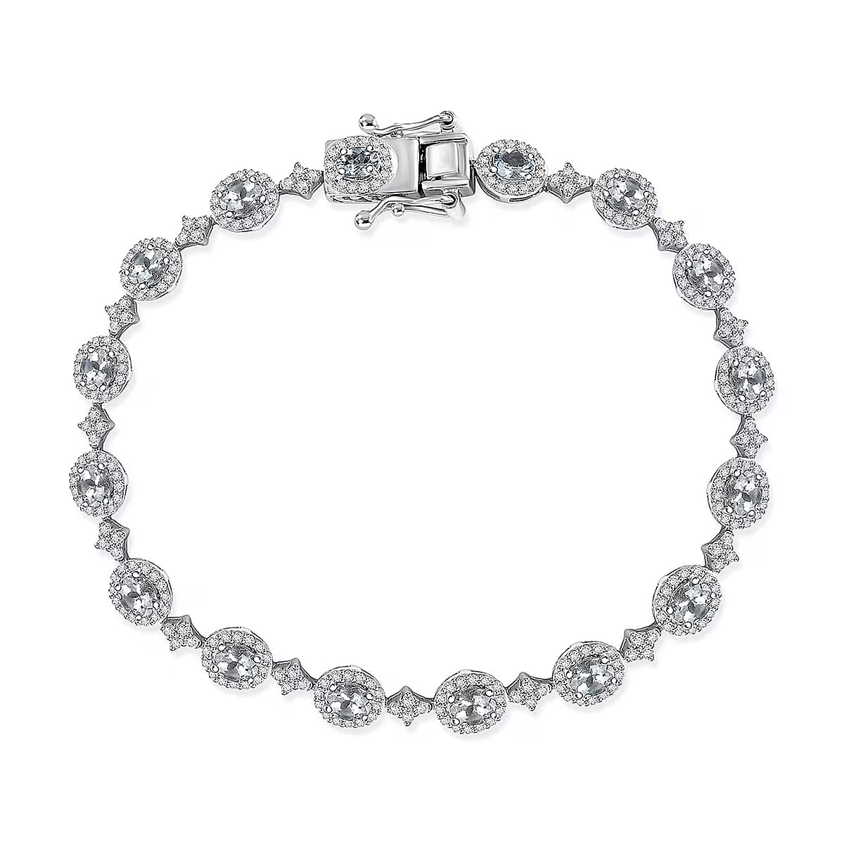 D'Joy Santa Maria Aquamarine, Moissanite 5.10 ctw Ocean Crown Bracelet in Rhodium Over Sterling Silver (8.00 In) image number 0