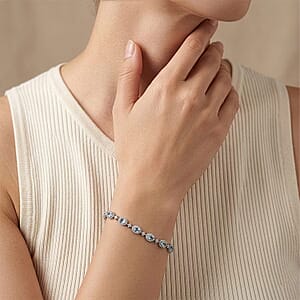 D'Joy Santa Maria Aquamarine, Moissanite 5.10 ctw Ocean Crown Bracelet in Rhodium Over Sterling Silver (8.00 In)