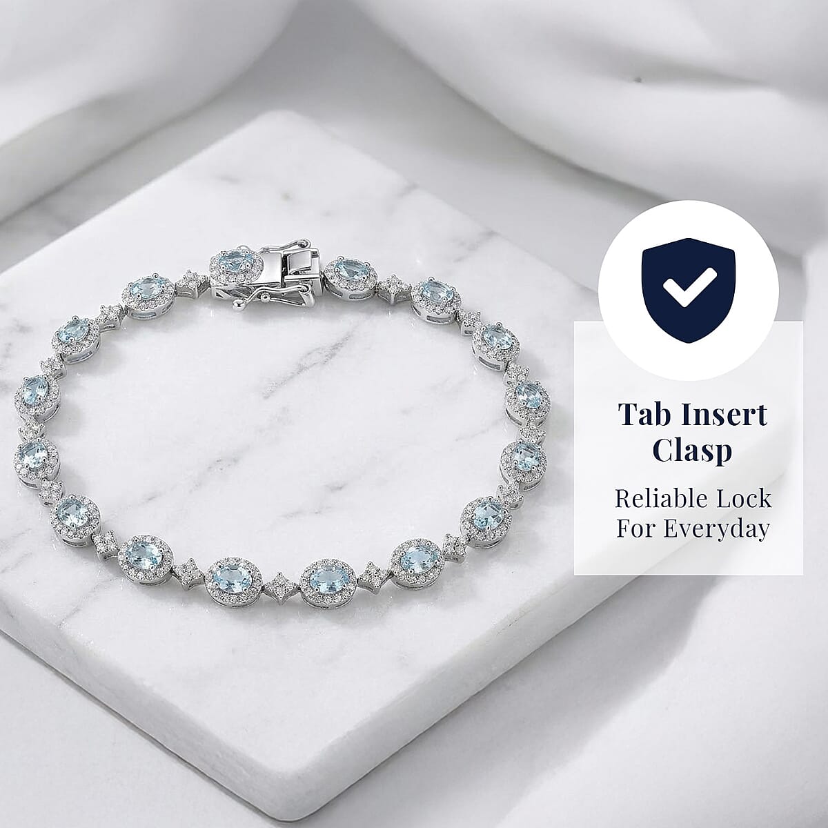 D'Joy Santa Maria Aquamarine, Moissanite 5.10 ctw Ocean Crown Bracelet in Rhodium Over Sterling Silver (8.00 In) image number 3