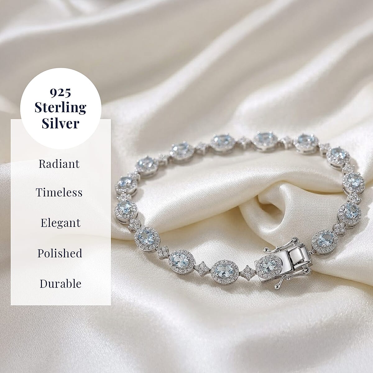 D'Joy Santa Maria Aquamarine, Moissanite 5.10 ctw Ocean Crown Bracelet in Rhodium Over Sterling Silver (8.00 In) image number 4