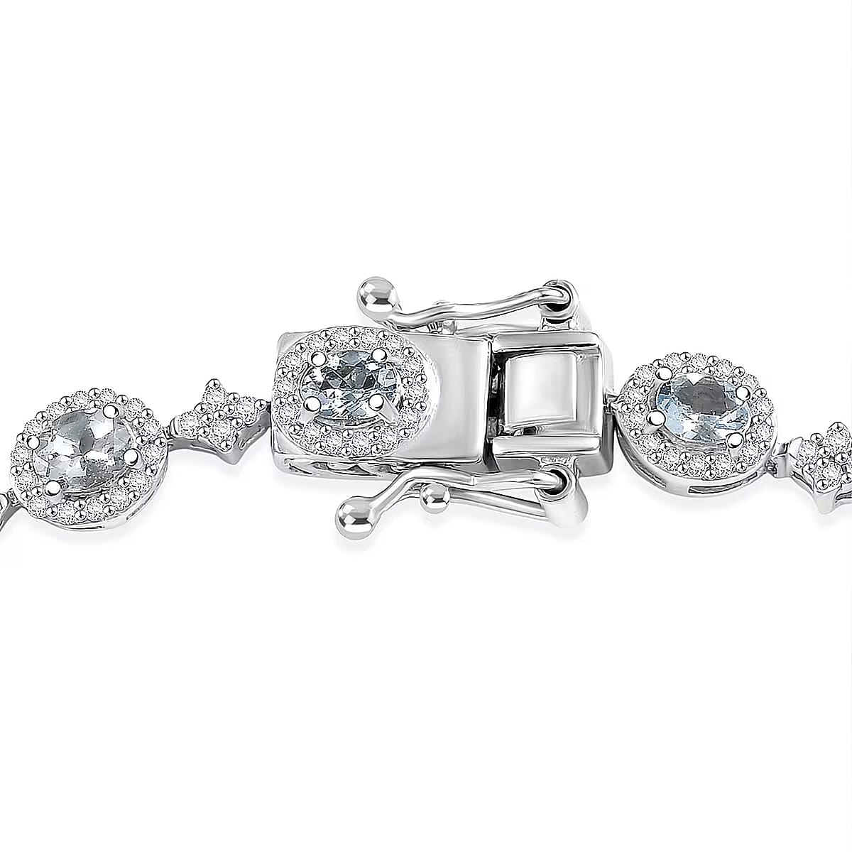 D'Joy Santa Maria Aquamarine, Moissanite 5.10 ctw Ocean Crown Bracelet in Rhodium Over Sterling Silver (8.00 In) image number 6