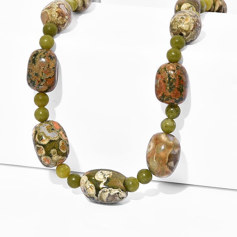 EverTrue Rhyolite Jasper and Nephrite Jade 330.00 ctw Beaded Necklace (18-19 Inches) in 18K YG Plated