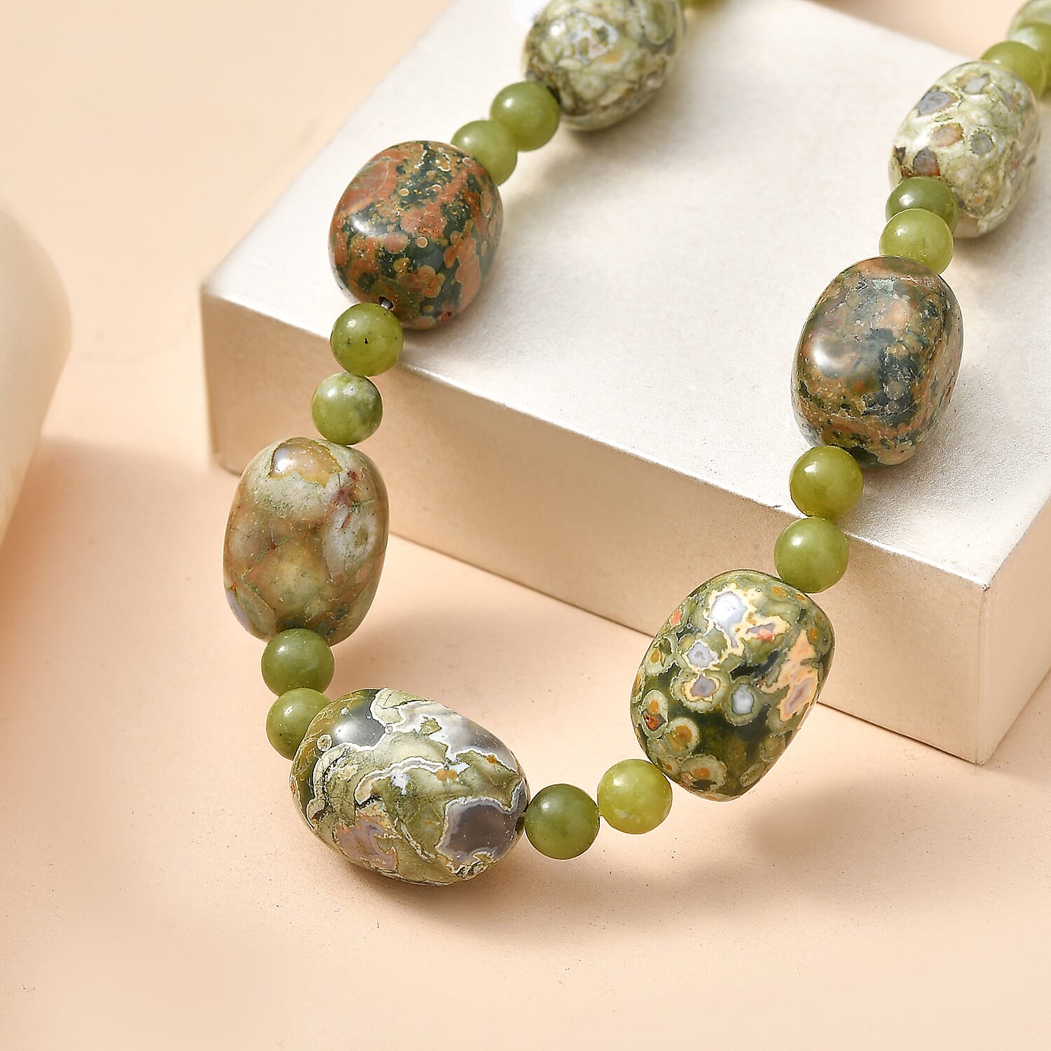 EverTrue Rhyolite Jasper and Nephrite Jade 330.00 ctw Beaded Necklace (18-19 Inches) in 18K YG Plated