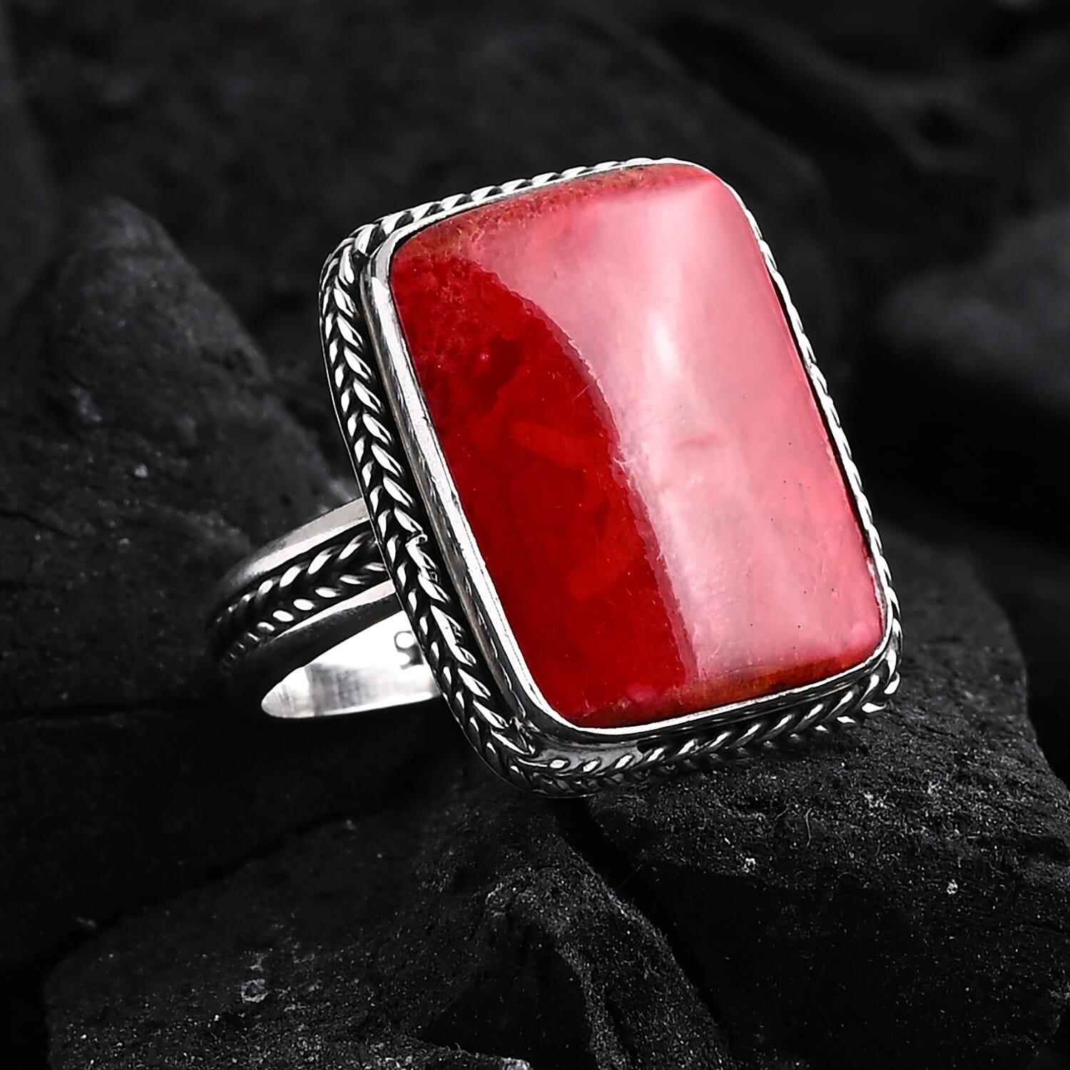 Bali Legacy Red Coral Ring in Sterling Silver (Size 8)