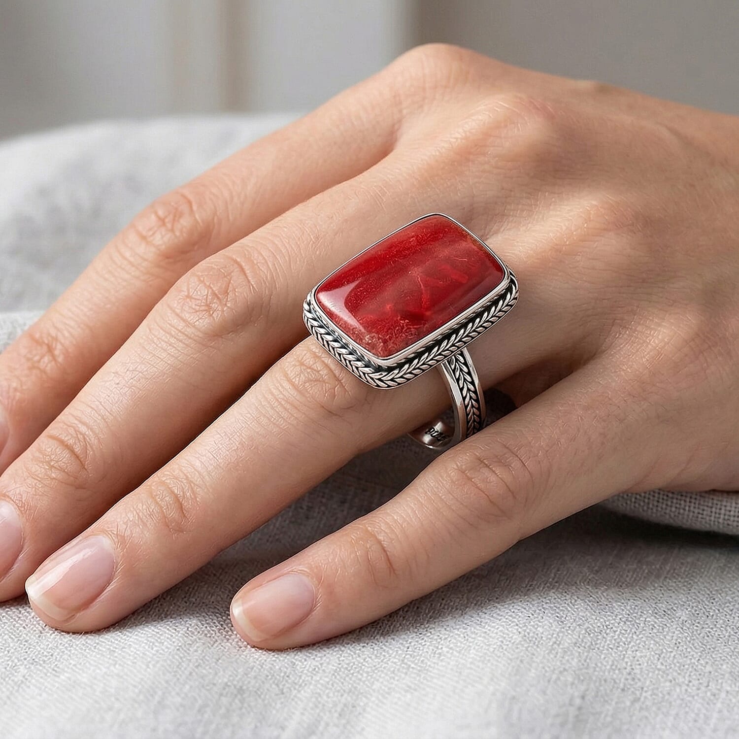 Bali Legacy Red Coral Ring in Sterling Silver (Size 8)