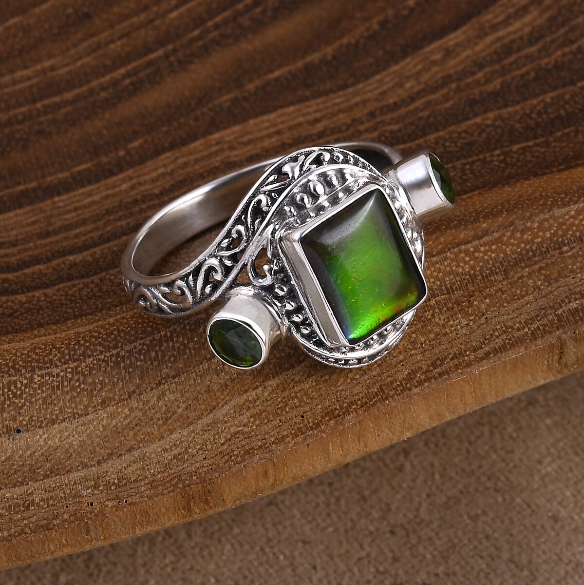 Bali Legacy Canadian Ammolite and Chrome Diopside 0.70 ctw Ring in Sterling Silver (Size 5.0) image number 1