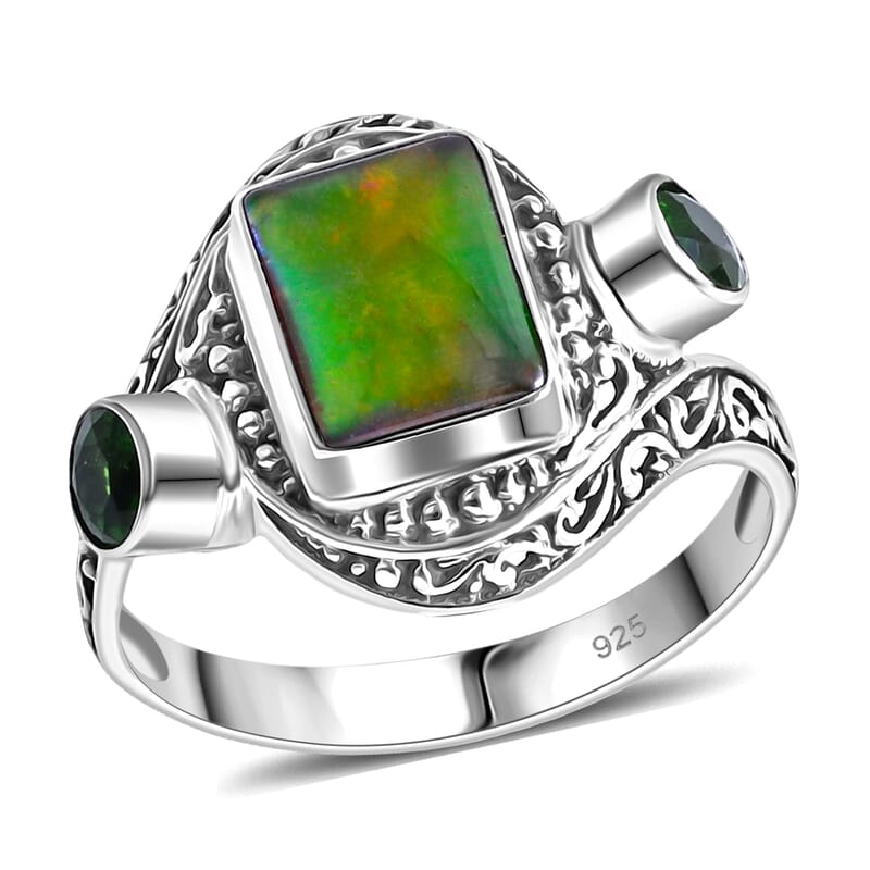 Bali Legacy Canadian Ammolite and Chrome Diopside 0.70 ctw Ring in Sterling Silver (Size 9.0)