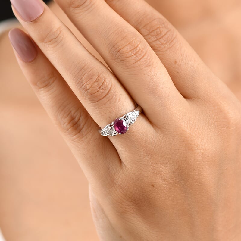 D'Joy Premium Niassa Ruby (FF) and Diamond 1.10 ctw Ring in Platinum Over Sterling Silver (Size 7.0)