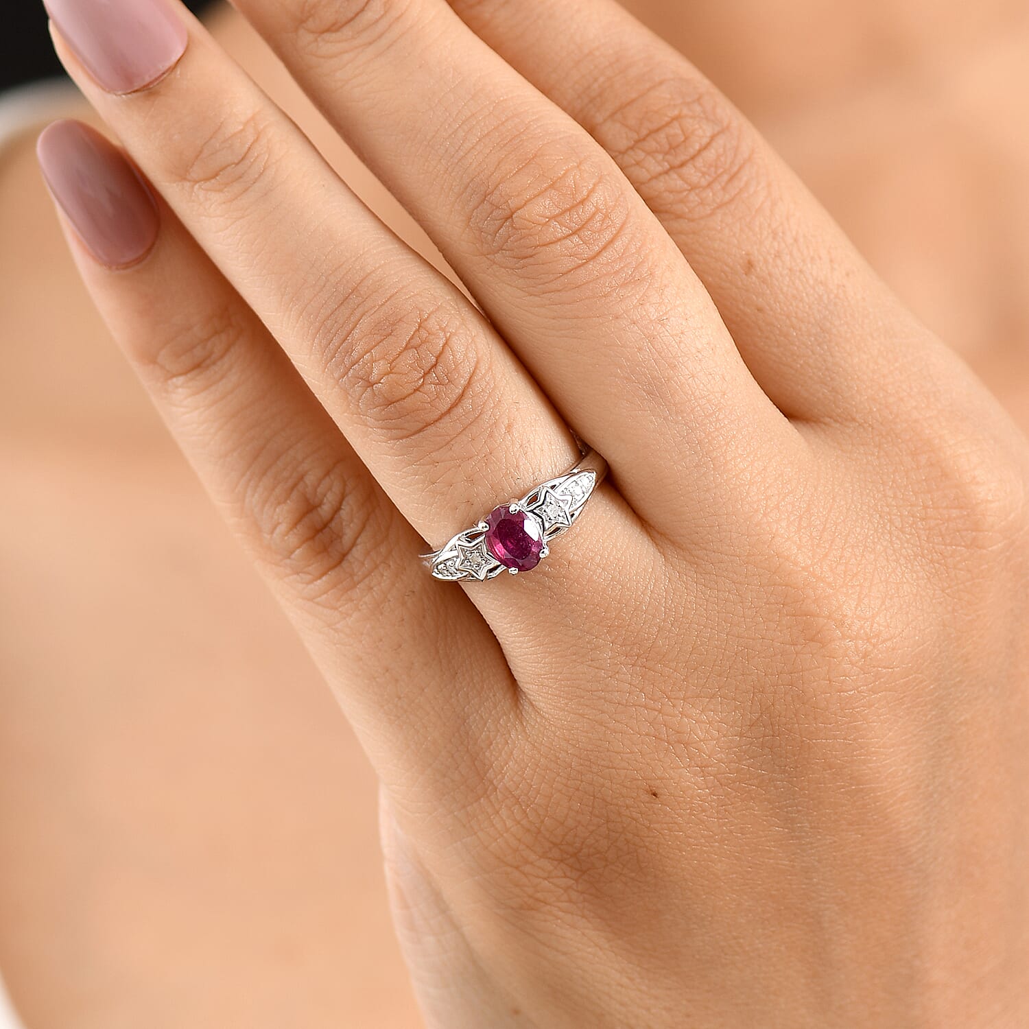 D'Joy Premium Niassa Ruby (FF) and Diamond 1.10 ctw Ring in Platinum Over Sterling Silver (Size 8.0)