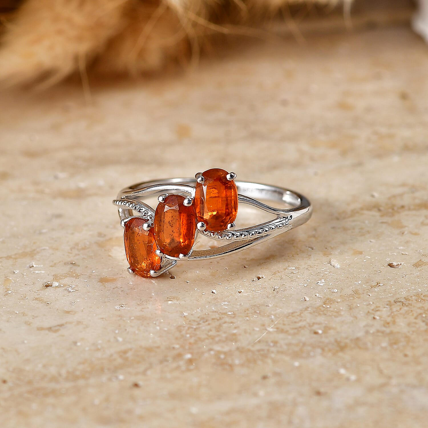 D'Joy Orange Kyanite 1.90 ctw 3 Stone Ring in Platinum Over Sterling Silver (Size 7.0)
