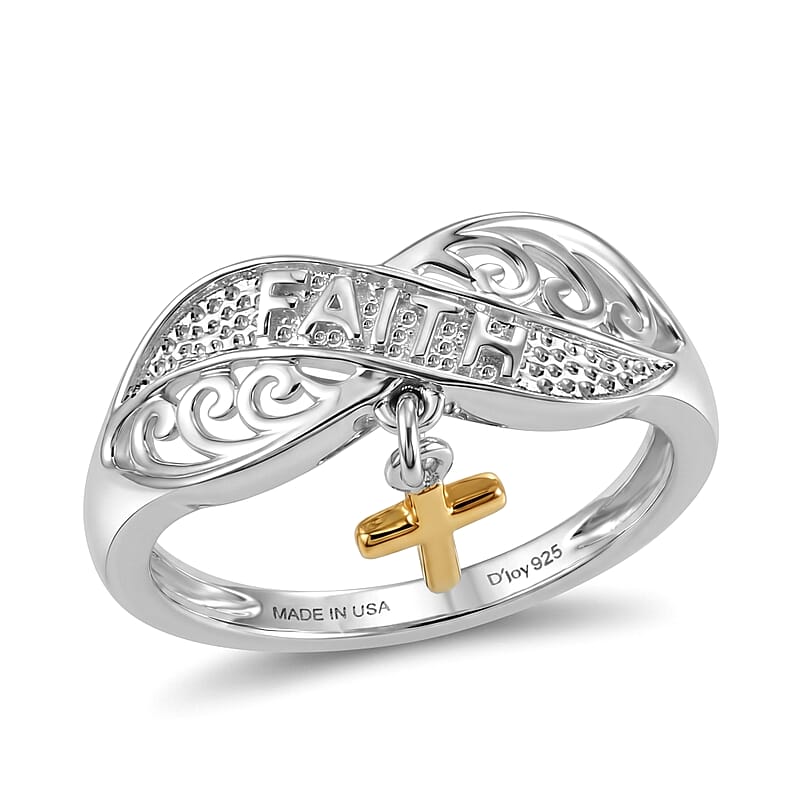 D'Joy Filigree Ring with Cross Charm in 14K YG Over and Sterling Silver (Size 6.0) 2.70 Grams