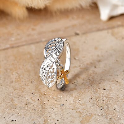 D'Joy Filigree Ring with Cross Charm in 14K YG Over and Sterling Silver (Size 6.0) 2.70 Grams