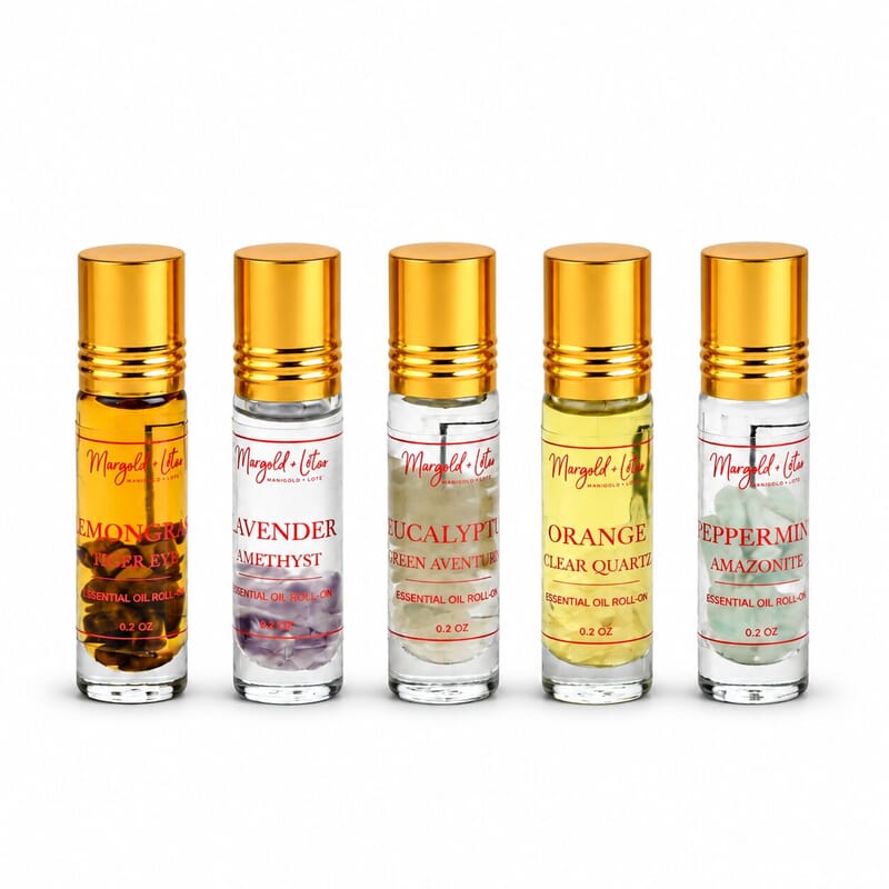 Margold and Lotus Set of 5 Crystal Essential Roll on Fragrances (Lavender, Peppermint, Eucliptus, Orange and Leamon Grass) 0.2oz each