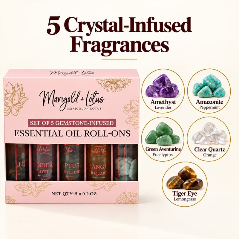 Margold and Lotus Set of 5 Crystal Essential Roll on Fragrances (Lavender, Peppermint, Eucliptus, Orange and Leamon Grass) 0.2oz each