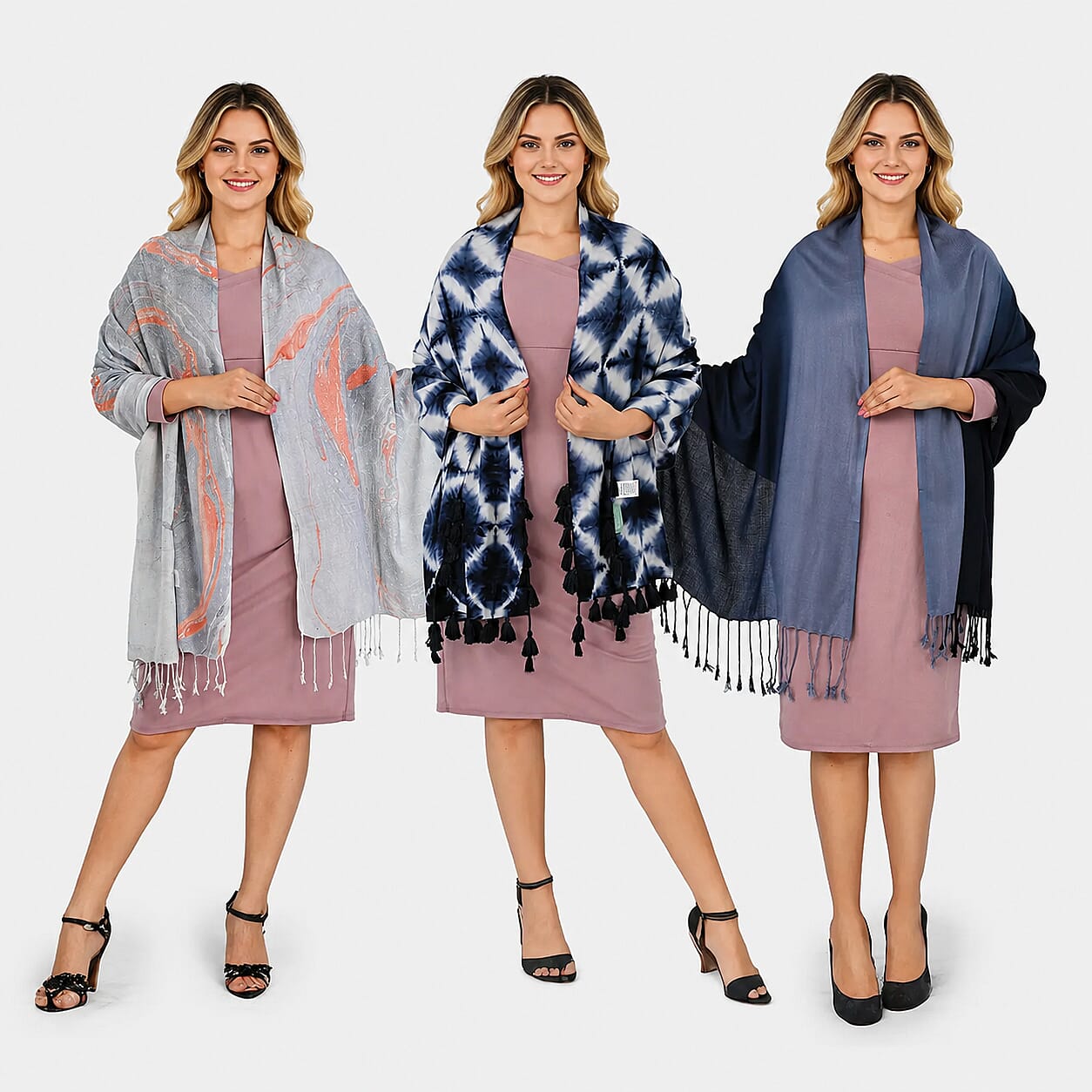La Marey Purple Marble Print Set of 3 Tie Dye Ombre Scarves - One Size Fits Most