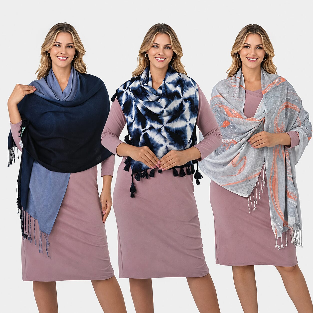 La Marey Purple Marble Print Set of 3 Tie Dye Ombre Scarves - One Size Fits Most
