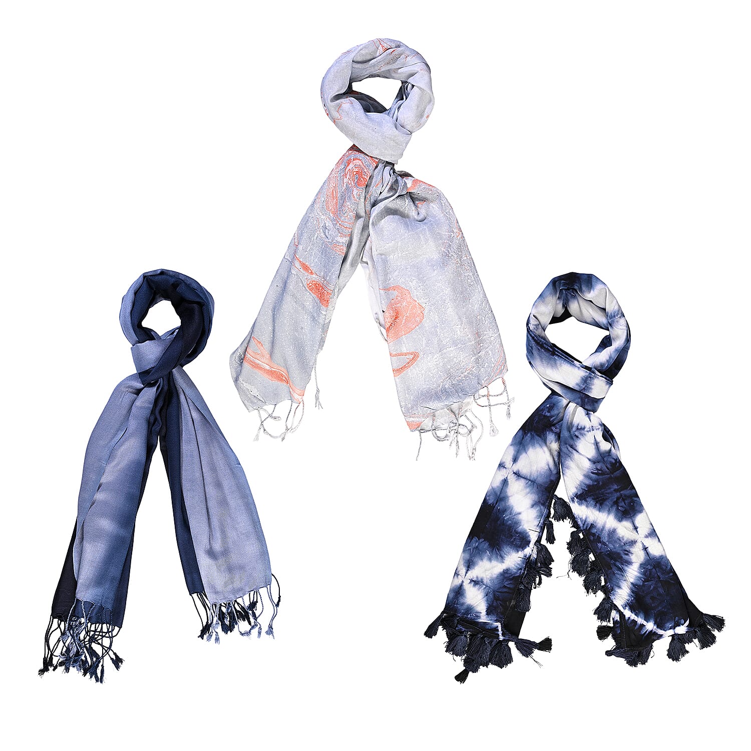 La Marey Purple Marble Print Set of 3 Tie Dye Ombre Scarves - One Size Fits Most