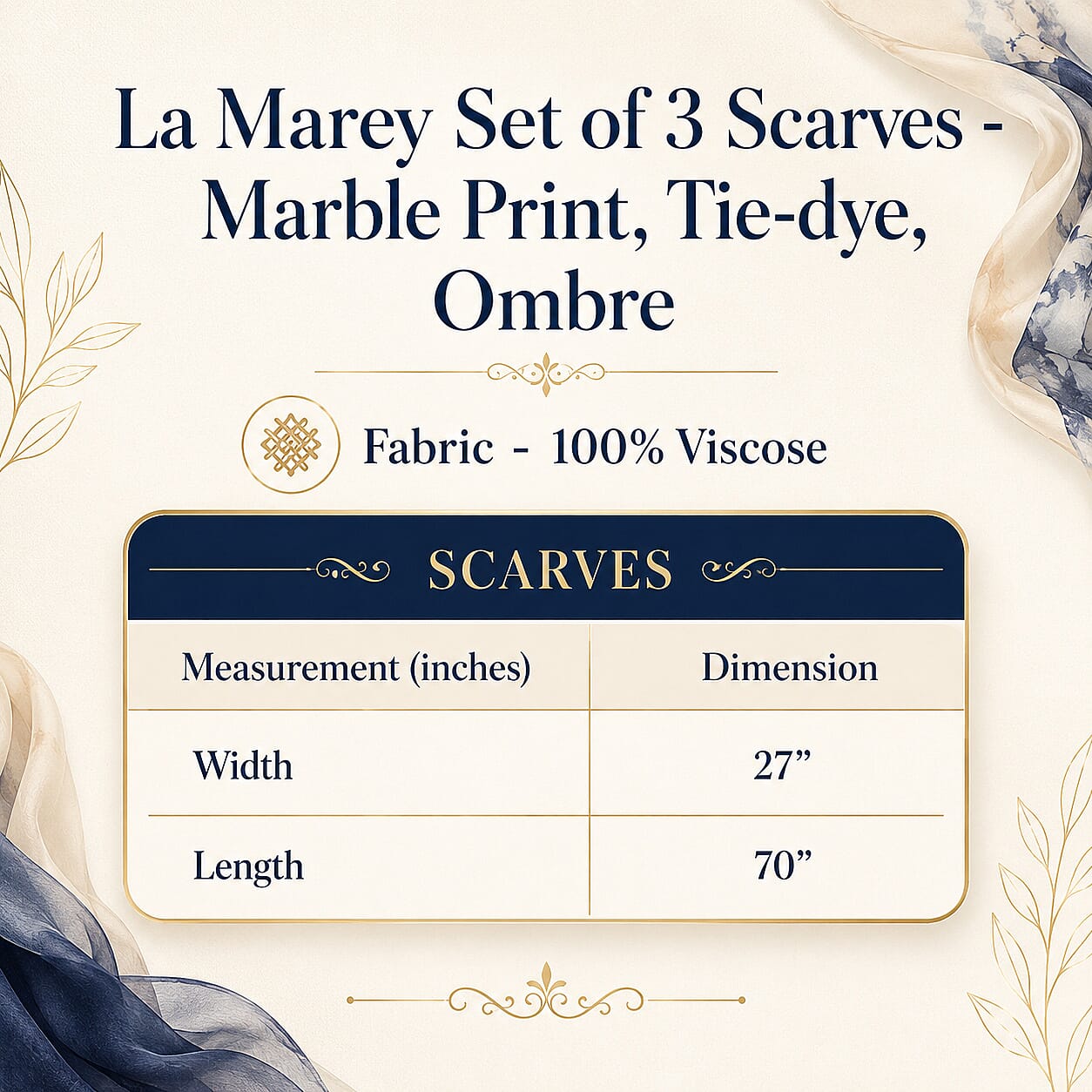 La Marey Navy Set of 3 Marble Print, Tie Dye Print & Ombre Print Scarves - One Size Fits Most