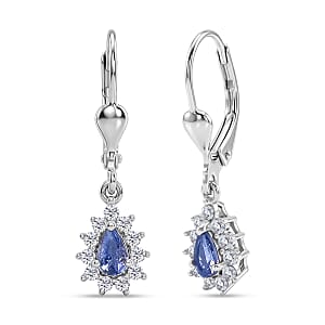 D'Joy Tanzanite and White Zircon 0.90 ctw Floral Halo Drop Earrings in Rhodium Over Sterling Silver