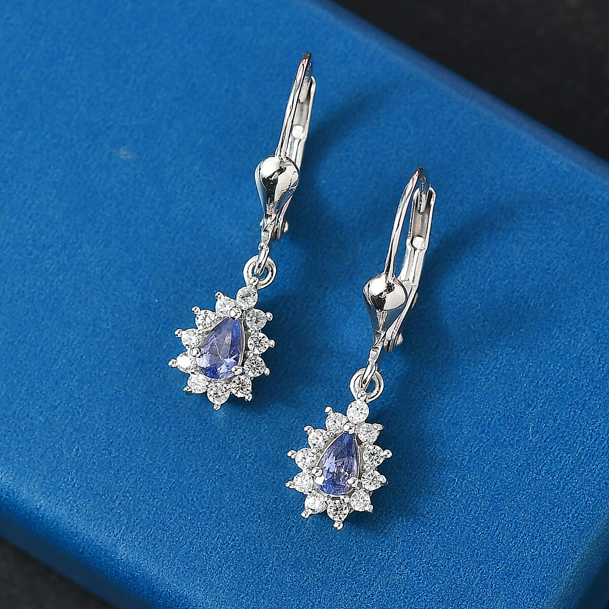 D'Joy Tanzanite and White Zircon 0.90 ctw Floral Halo Drop Earrings in Rhodium Over Sterling Silver image number 1