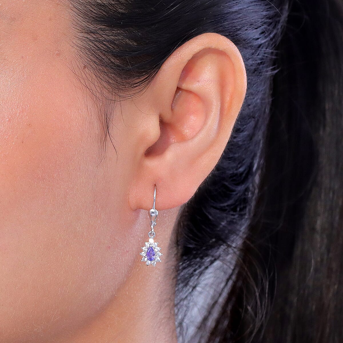 D'Joy Tanzanite and White Zircon 0.90 ctw Floral Halo Drop Earrings in Rhodium Over Sterling Silver image number 2