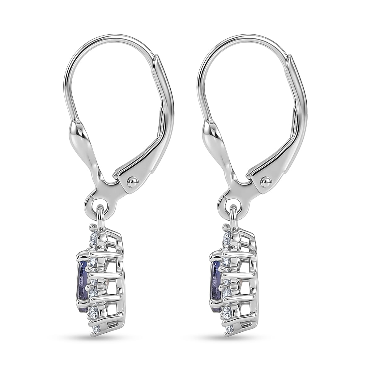 D'Joy Tanzanite and White Zircon 0.90 ctw Floral Halo Drop Earrings in Rhodium Over Sterling Silver image number 3