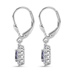 D'Joy Tanzanite and White Zircon 0.90 ctw Floral Halo Drop Earrings in Rhodium Over Sterling Silver