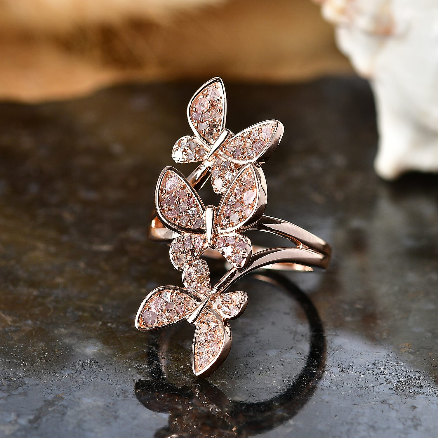 D'Joy Uncut Natural Pink Diamond 0.50 ctw Butterfly Moon Ring in 18K Vermeil Rose Gold Over Sterling Silver (Size 6.0)