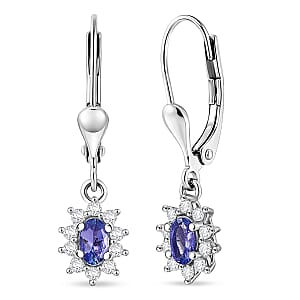 D'Joy Tanzanite and White Zircon 0.90 ctw Floral Halo Drop Earrings in Rhodium Over Sterling Silver