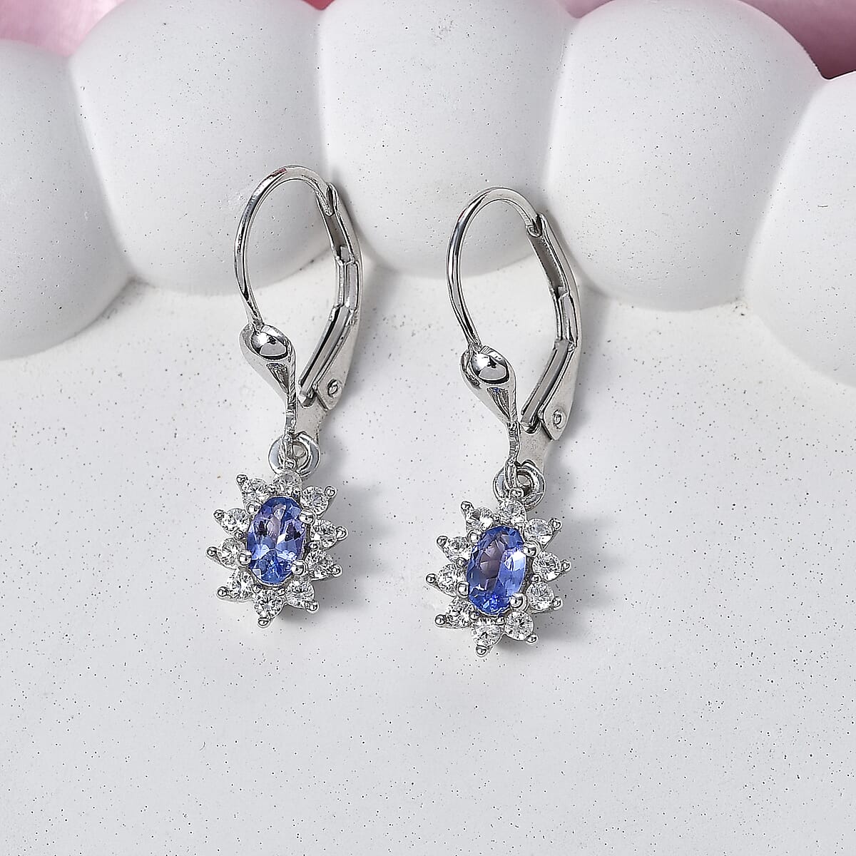 D'Joy Tanzanite and White Zircon 0.90 ctw Floral Halo Drop Earrings in Rhodium Over Sterling Silver image number 1