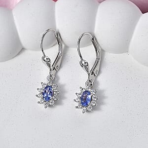 D'Joy Tanzanite and White Zircon 0.90 ctw Floral Halo Drop Earrings in Rhodium Over Sterling Silver