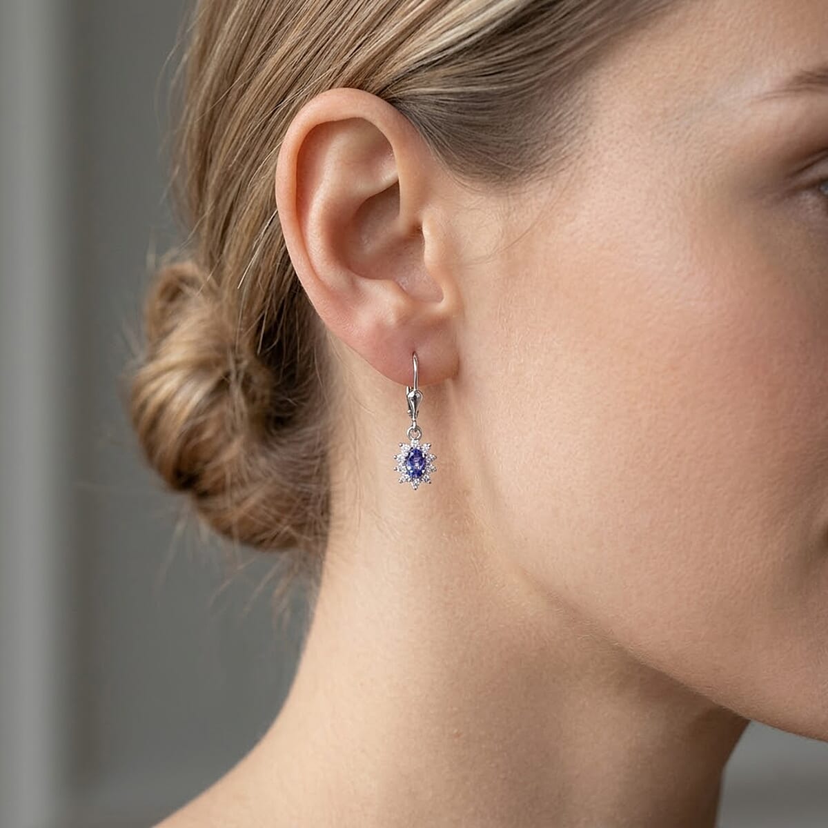 D'Joy Tanzanite and White Zircon 0.90 ctw Floral Halo Drop Earrings in Rhodium Over Sterling Silver image number 2