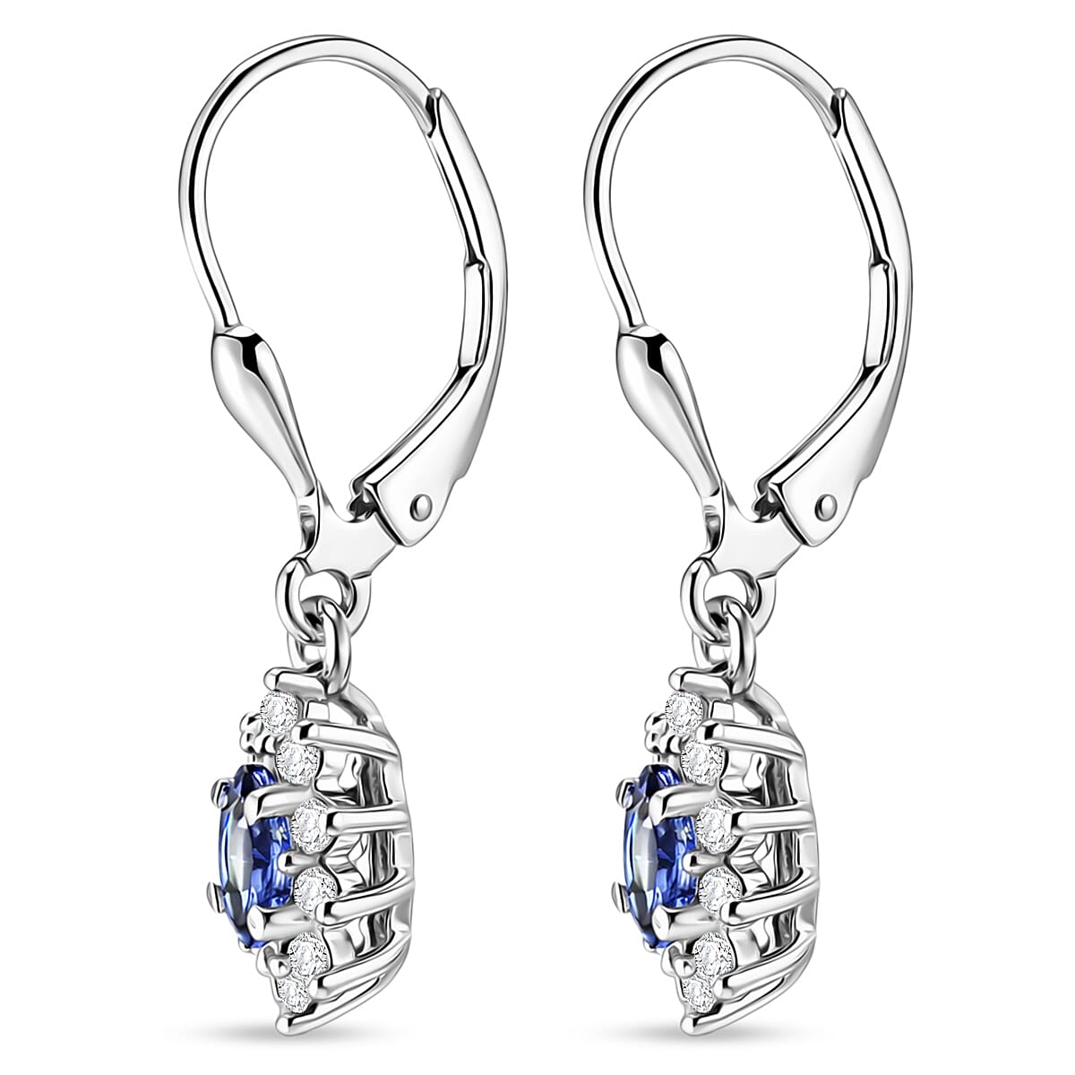 D'Joy Tanzanite and White Zircon 0.90 ctw Floral Halo Drop Earrings in Rhodium Over Sterling Silver image number 3