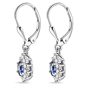 D'Joy Tanzanite and White Zircon 0.90 ctw Floral Halo Drop Earrings in Rhodium Over Sterling Silver