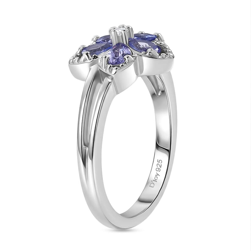D'Joy Tanzanite and Moissanite 0.70 ctw Floral Bloom Ring in Rhodium Over Sterling Silver (Size 10.0)