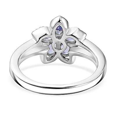 D'Joy Tanzanite and Moissanite 0.70 ctw Floral Bloom Ring in Rhodium Over Sterling Silver (Size 10.0)