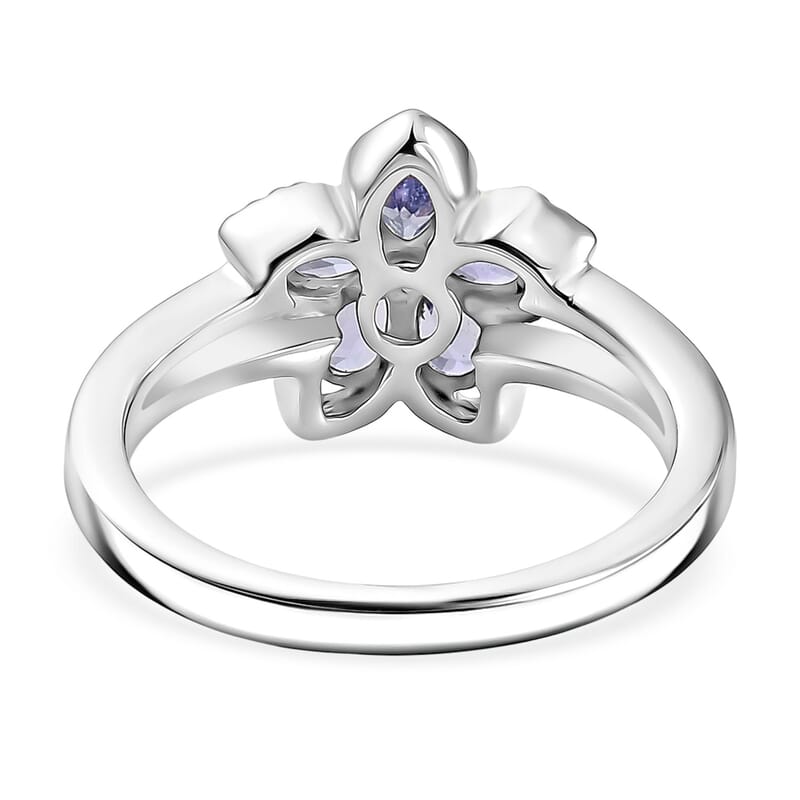 D'Joy Tanzanite and Moissanite 0.70 ctw Floral Bloom Ring in Rhodium Over Sterling Silver (Size 10.0)