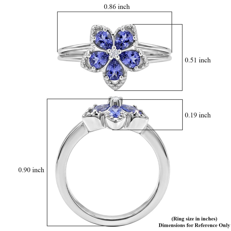 D'Joy Tanzanite and Moissanite 0.70 ctw Floral Bloom Ring in Rhodium Over Sterling Silver (Size 10.0)