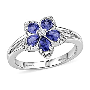 D'Joy Tanzanite and Moissanite 0.70 ctw Floral Bloom Ring in Rhodium Over Sterling Silver (Size 5.0)