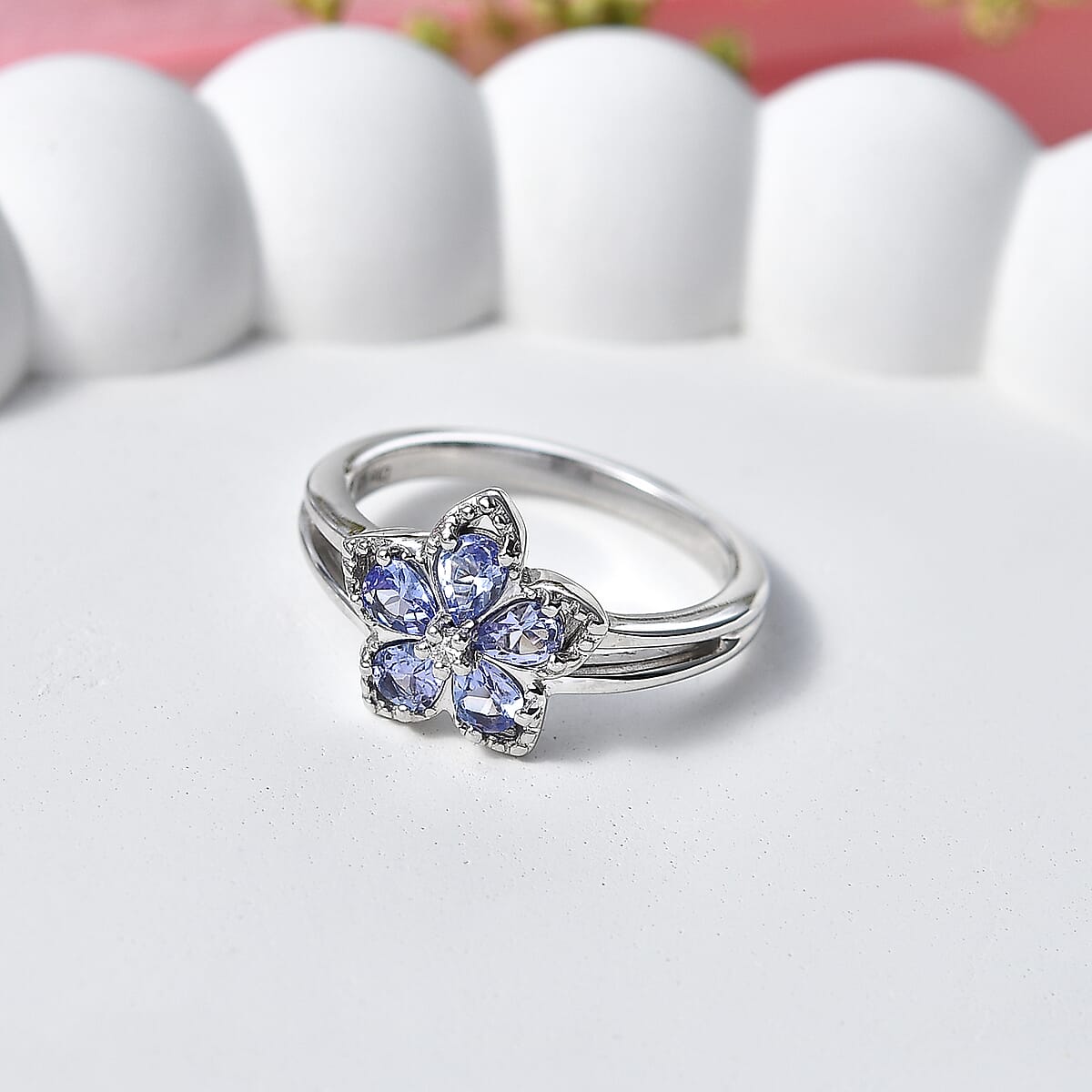 D'Joy Tanzanite and Moissanite 0.70 ctw Floral Bloom Ring in Rhodium Over Sterling Silver (Size 5.0) image number 1