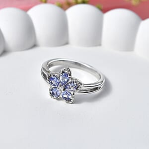 D'Joy Tanzanite and Moissanite 0.70 ctw Floral Bloom Ring in Rhodium Over Sterling Silver (Size 5.0)