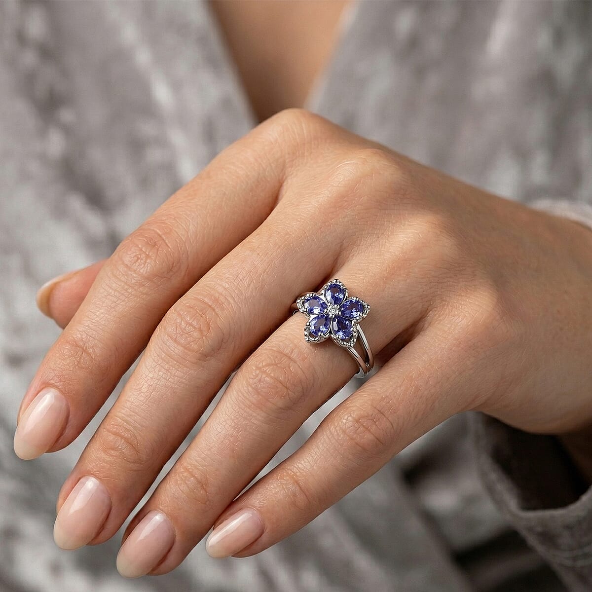 D'Joy Tanzanite and Moissanite 0.70 ctw Floral Bloom Ring in Rhodium Over Sterling Silver (Size 5.0) image number 2