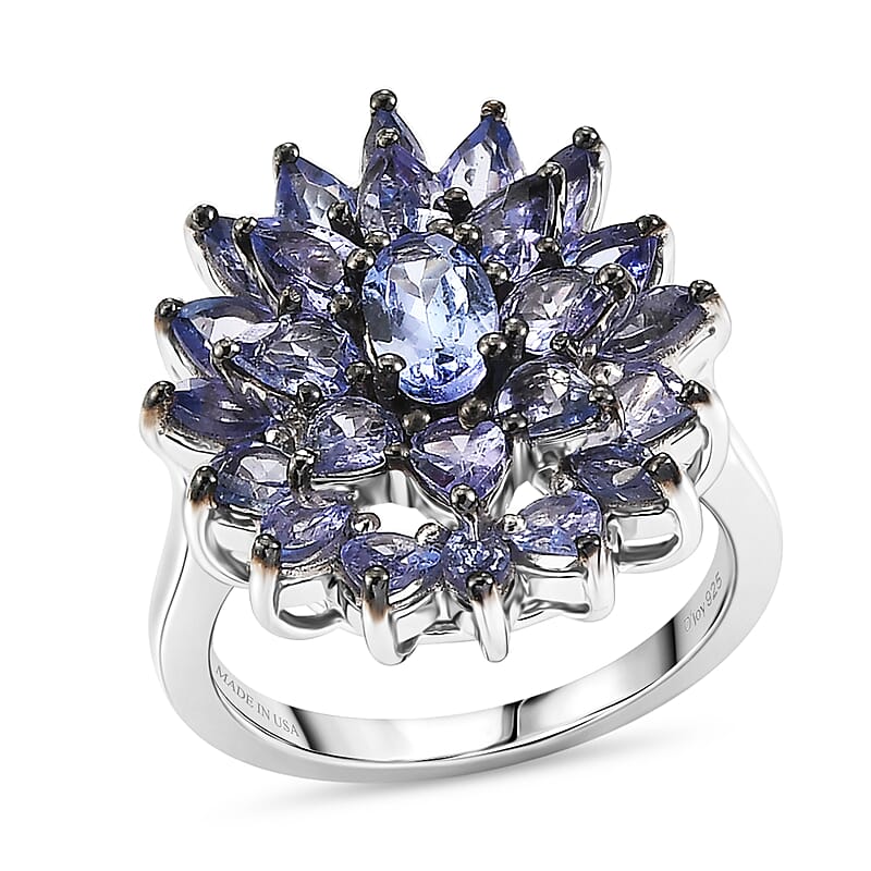 D'Joy Tanzanite 3.50 ctw Royal Floral Spark Ring in Rhodium Over Sterling Silver (Size 10.0)