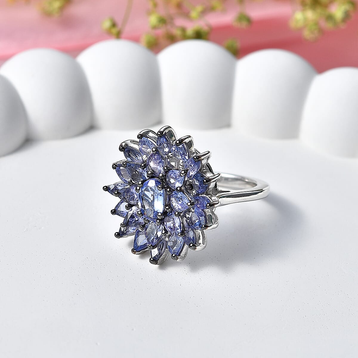D'Joy Tanzanite 3.50 ctw Royal Floral Spark Ring in Rhodium Over Sterling Silver (Size 10.0) image number 1