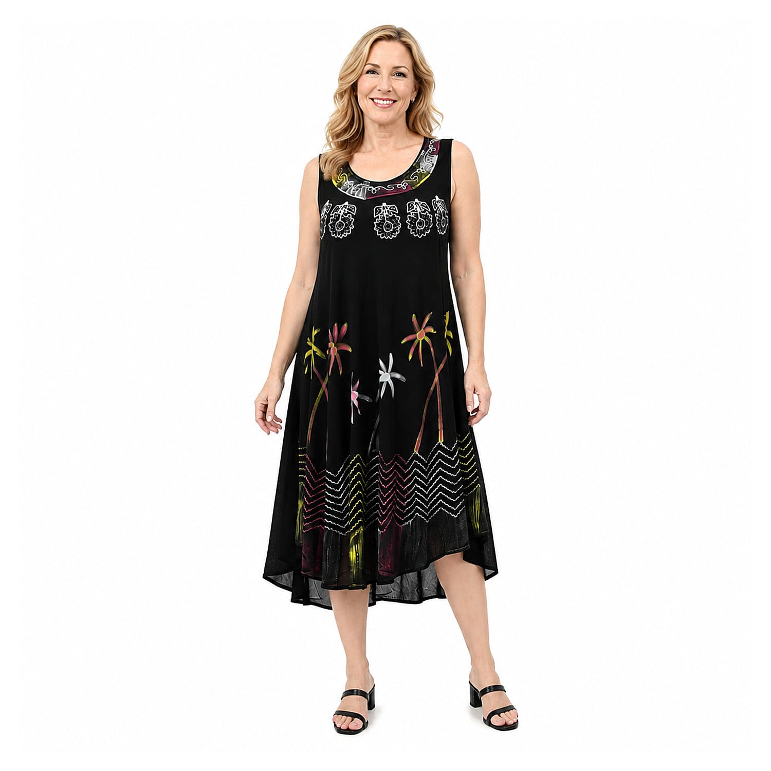 La Marey Rainbow and Black Palm Tree Printed Umbrella Dress with Embroidery - One Size Fits Most