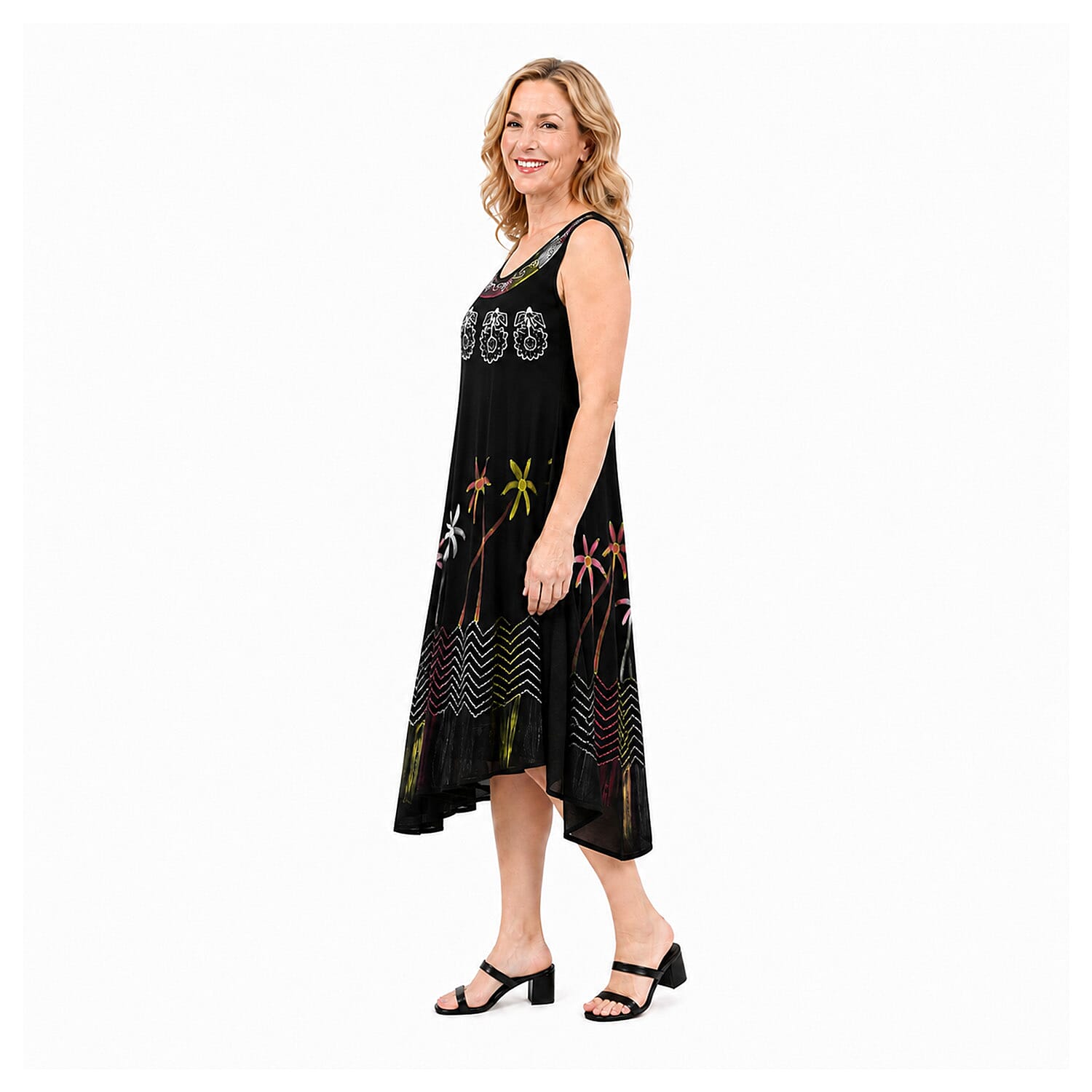 La Marey Rainbow and Black Palm Tree Printed Umbrella Dress with Embroidery - One Size Fits Most