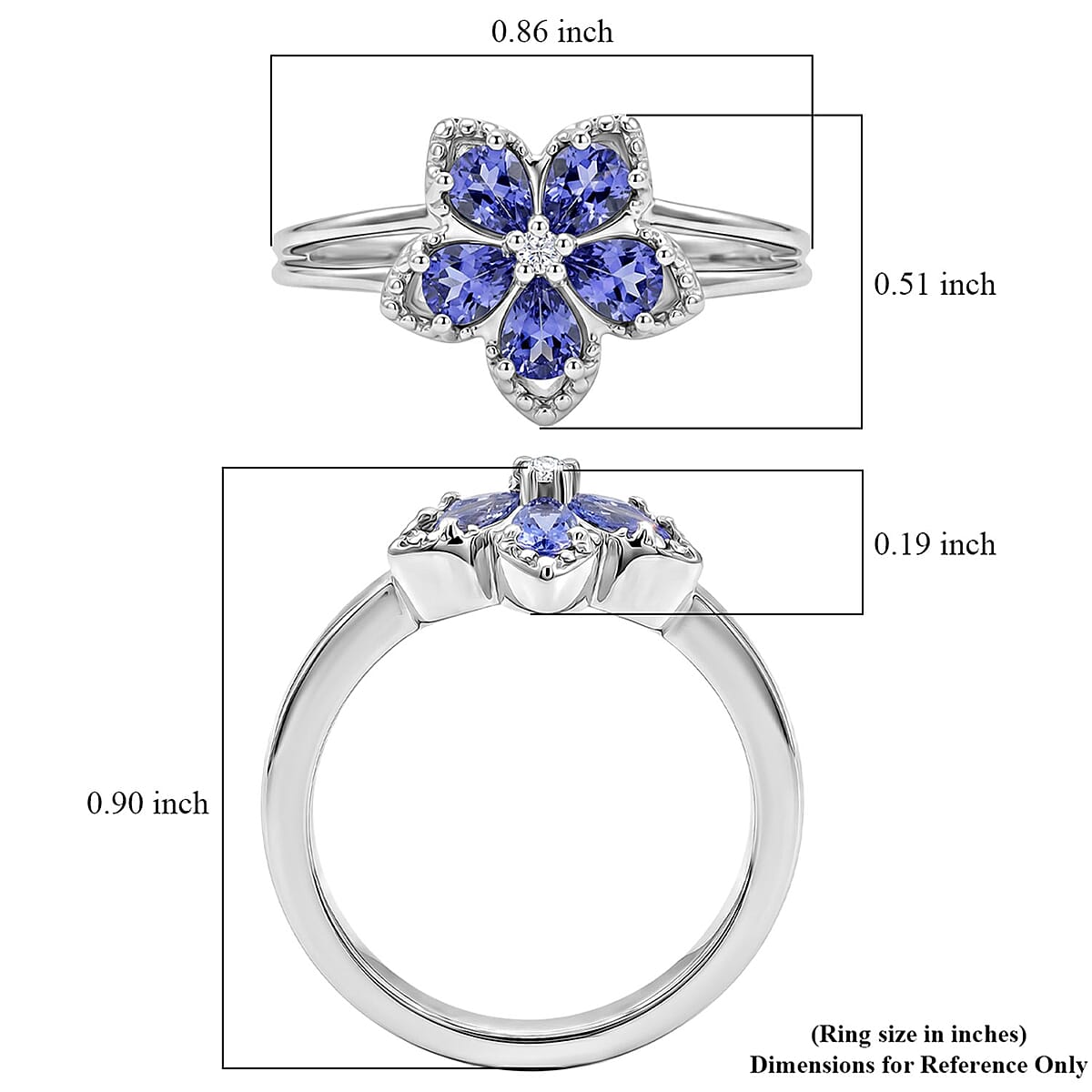D'Joy Tanzanite and Moissanite 0.70 ctw Floral Bloom Ring in Rhodium Over Sterling Silver (Size 9.0) image number 5