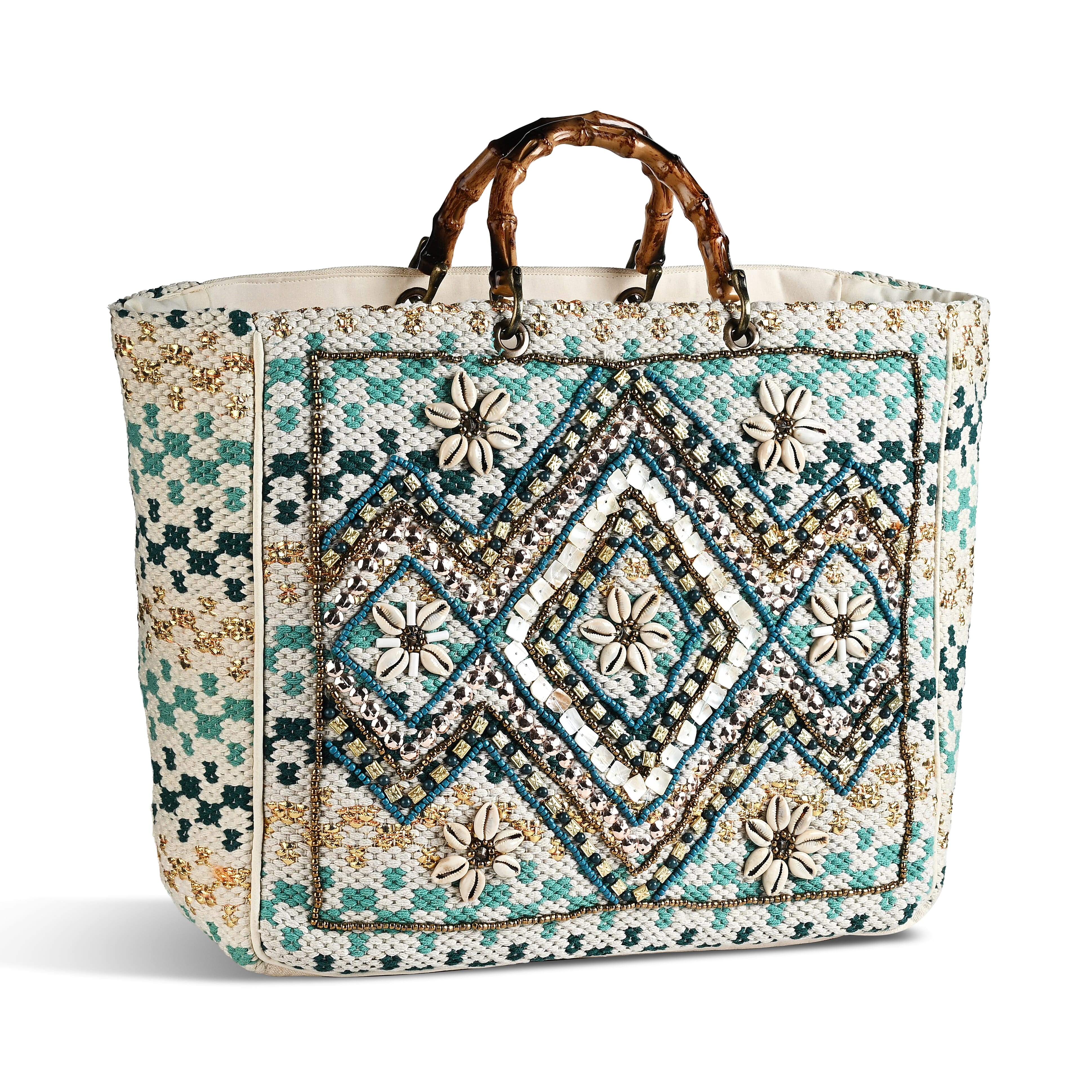 La Marey Blue Cotton Hand Embroidered Beaded Diamond Pattern Tote bag with Bamboo Handle