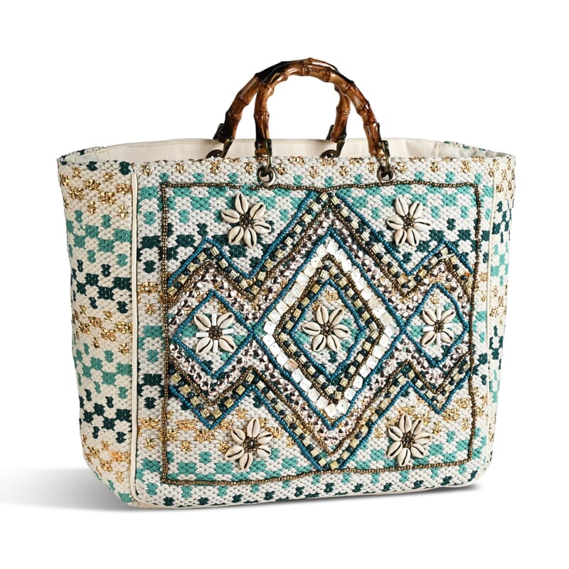 La Marey Blue Cotton Hand Embroidered Beaded Diamond Pattern Tote bag with Bamboo Handle