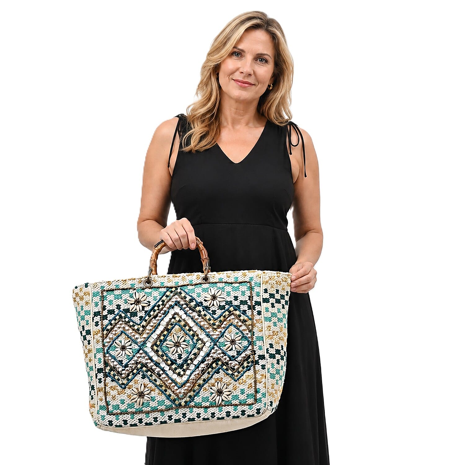 La Marey Blue Cotton Hand Embroidered Beaded Diamond Pattern Tote bag with Bamboo Handle